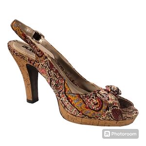 Vintage BONGO Kyra Paisley Peep-Toe Slingback Heels Size 7